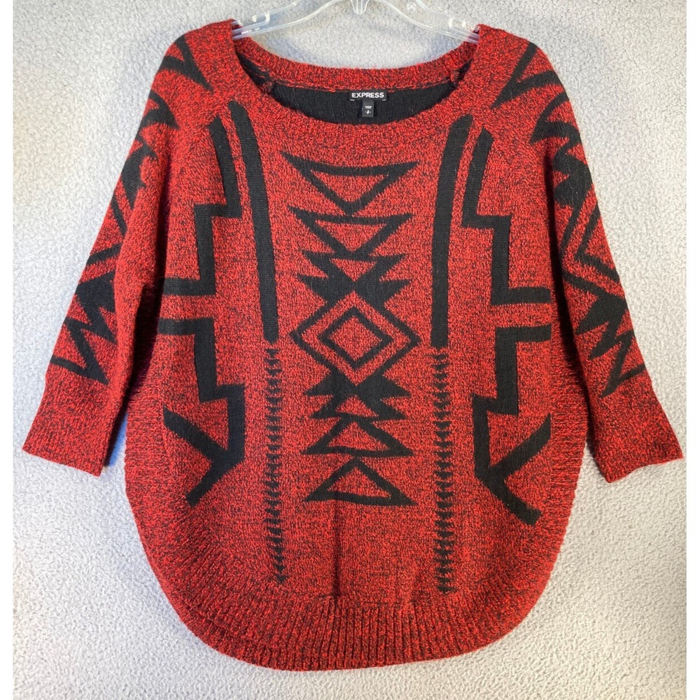 Express Sweater Women's Small Red Black Aztec Tribal 3/4 Sleeve Wool Blend‎